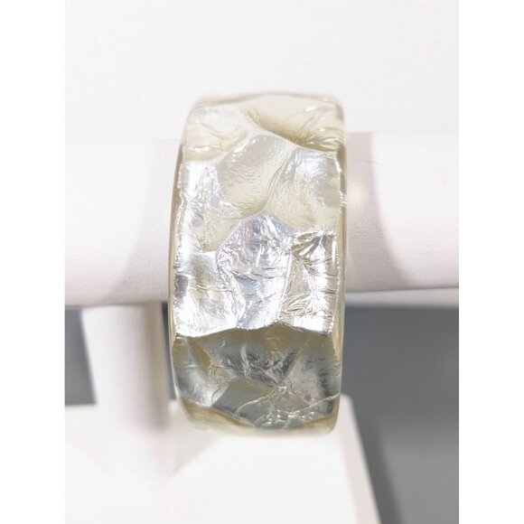 Vintage Silver Tone Foil Lucite Chunky Bangle Bracelet 8.5 in - Picture 1 of 8